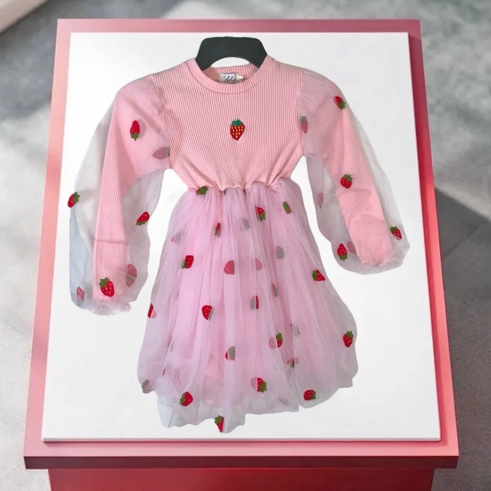 Lola & The Boys Boutique Pink Netted Strawberries Dress Spring Easter Girls Sz 8 - Picture 1 of 8